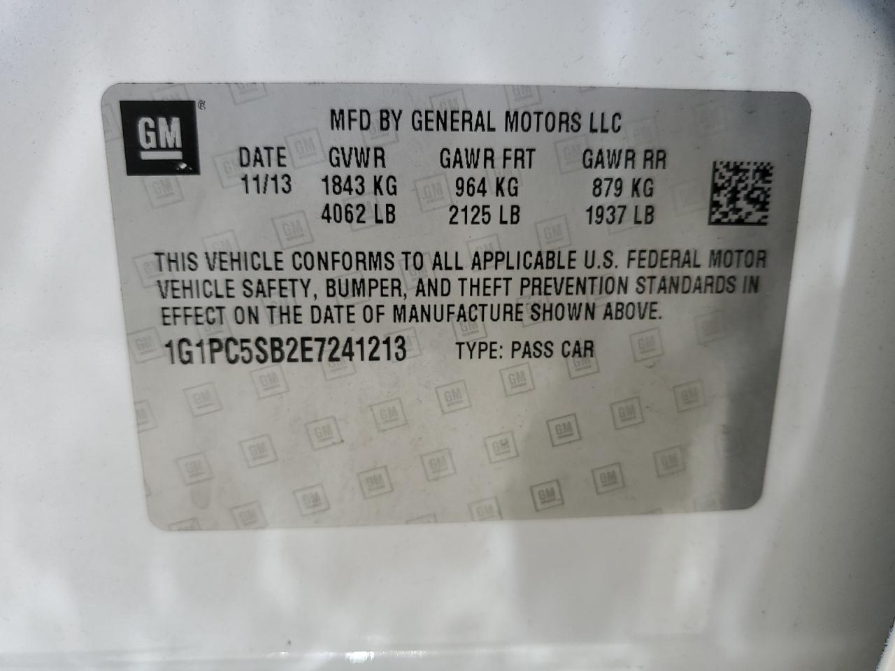 2014 Chevrolet Cruze Lt VIN: 1G1PC5SB2E7241213 Lot: 82253985