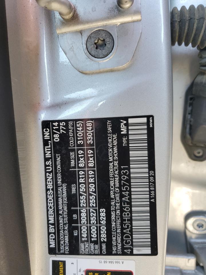 2015 Mercedes-Benz Ml 350 4Matic VIN: 4JGDA5HB6FA457931 Lot: 86269445