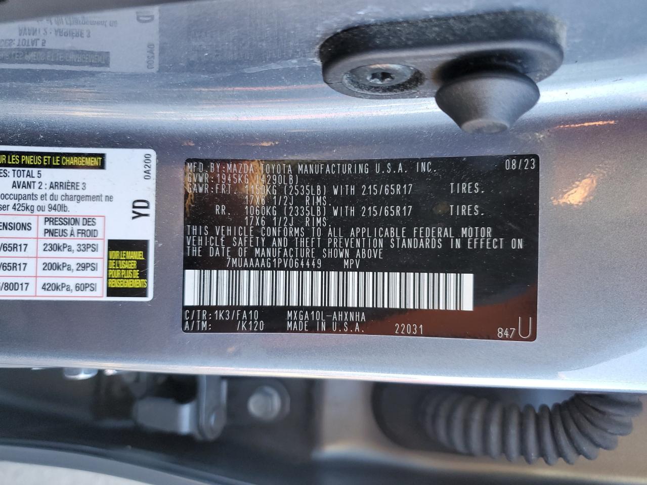 2023 Toyota Corolla Cross L VIN: 7MUAAAAG1PV064449 Lot: 86053185