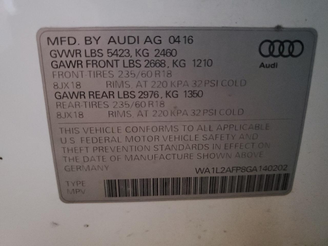 2016 Audi Q5 Premium Plus VIN: WA1L2AFP8GA140202 Lot: 85949385