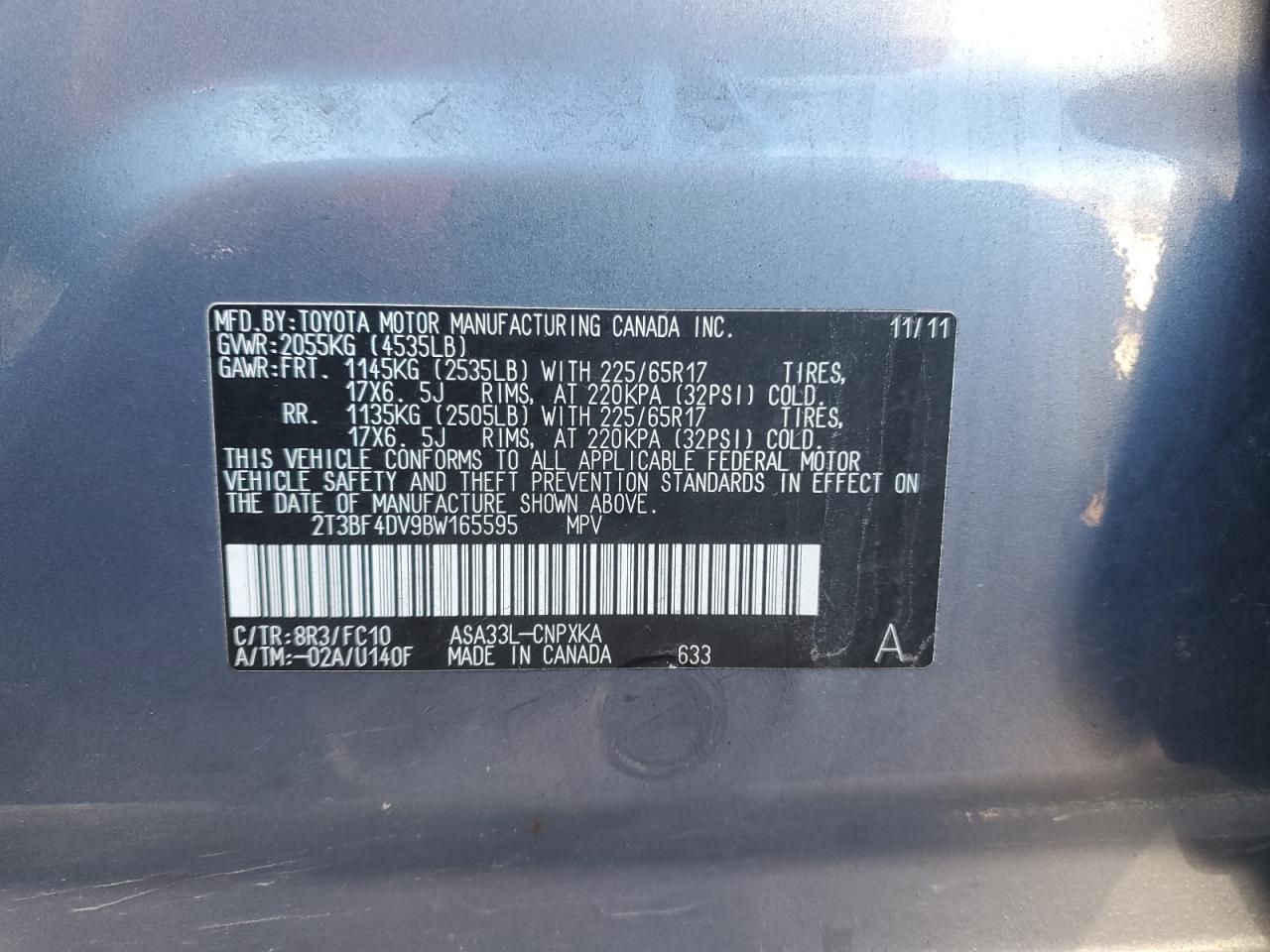 2011 Toyota Rav4 VIN: 2T3BF4DV9BW165595 Lot: 85171625