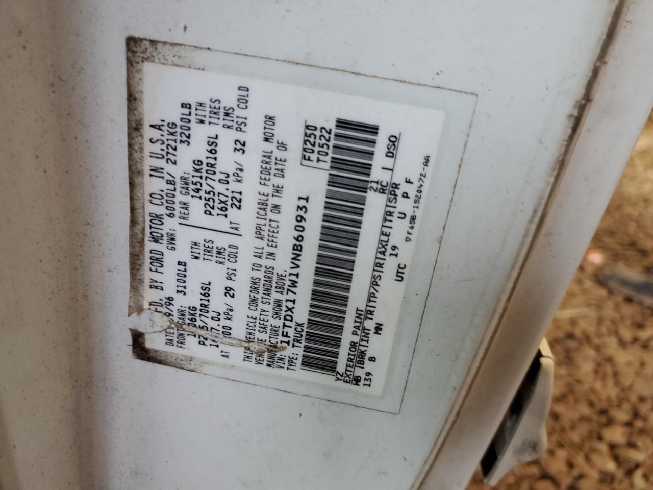 1997 Ford F150 VIN: 1FTDX17W1VNB60931 Lot: 90147335