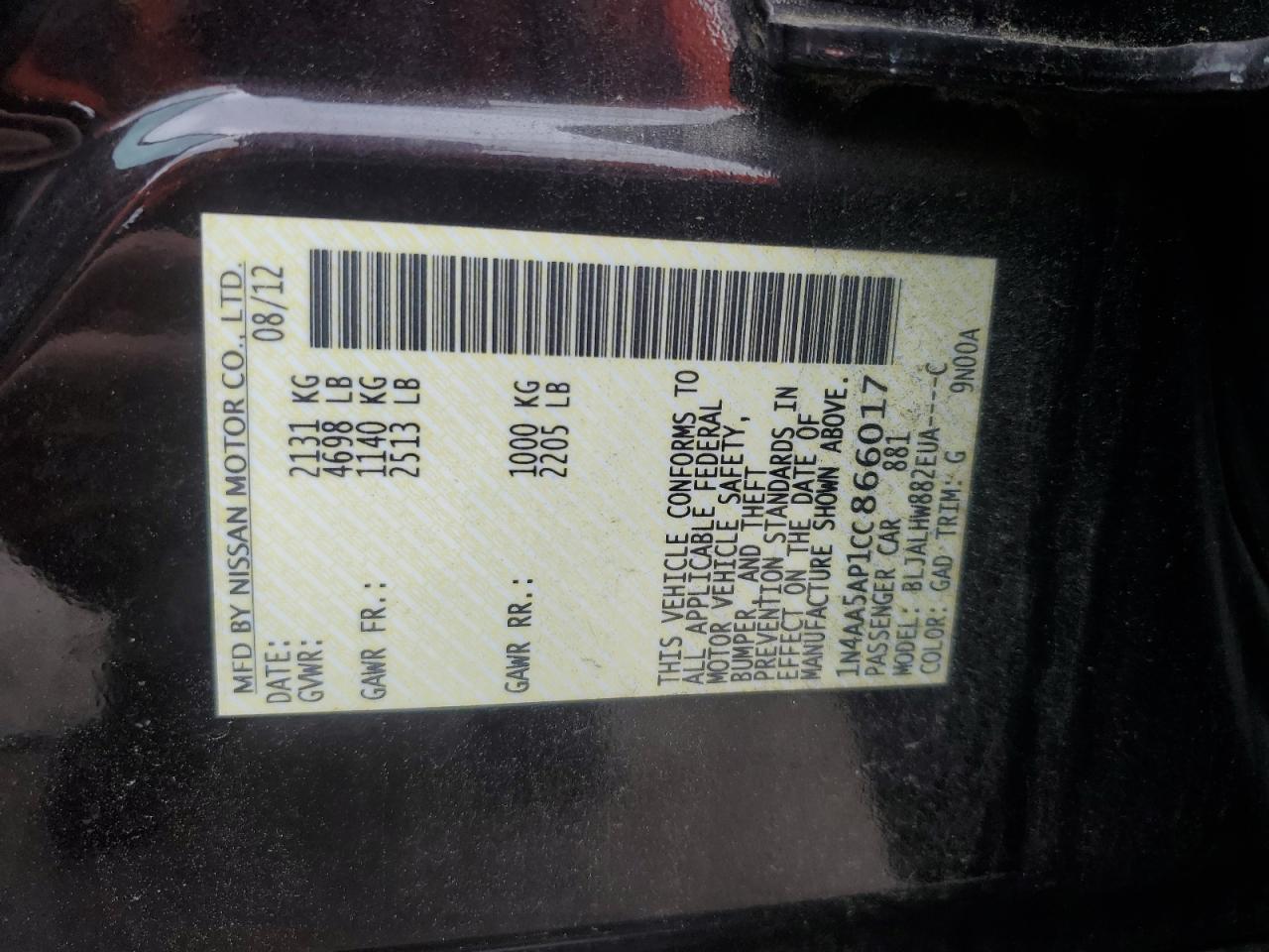 2012 Nissan Maxima S VIN: 1N4AA5AP1CC866017 Lot: 82446515