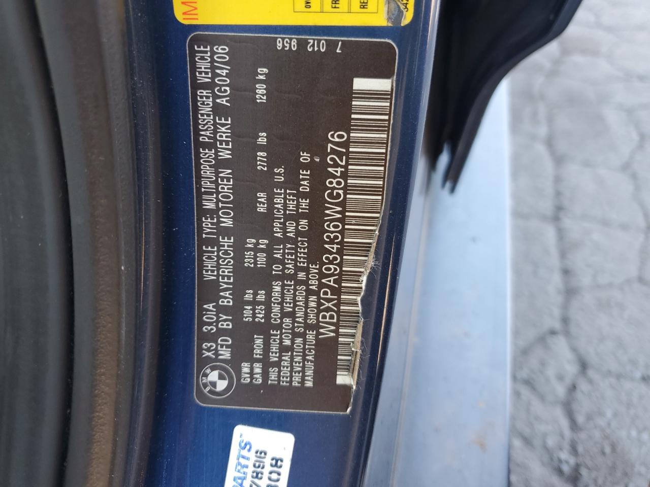 2006 BMW X3 3.0I VIN: WBXPA93436WG84276 Lot: 81865135