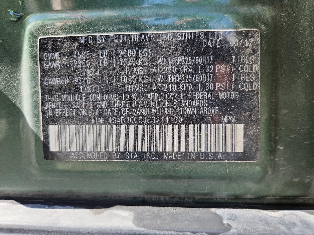 2012 Subaru Outback 2.5I Premium VIN: 4S4BRCCC0C3274190 Lot: 84480665