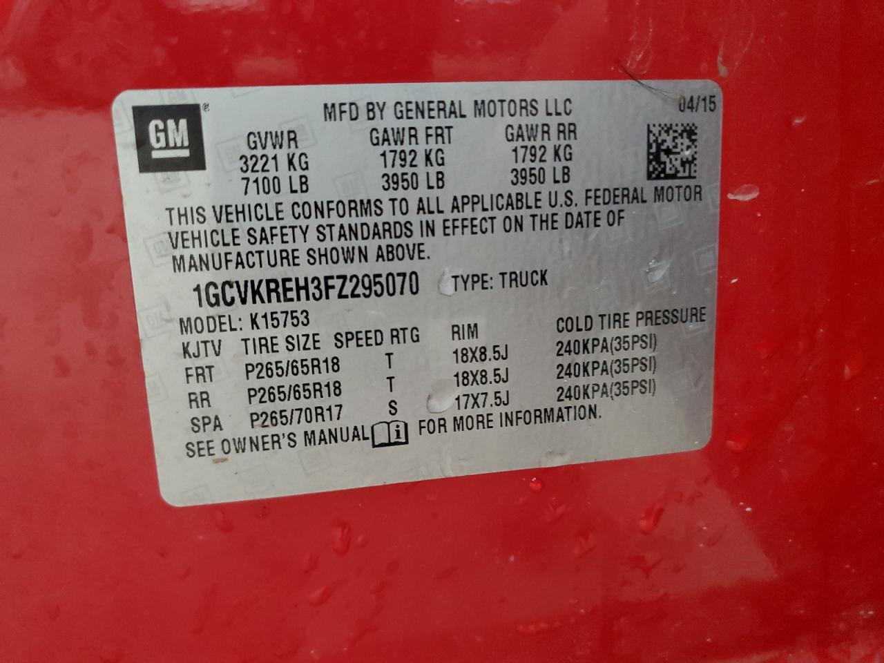 2015 Chevrolet Silverado K1500 Lt VIN: 1GCVKREH3FZ295070 Lot: 83869025