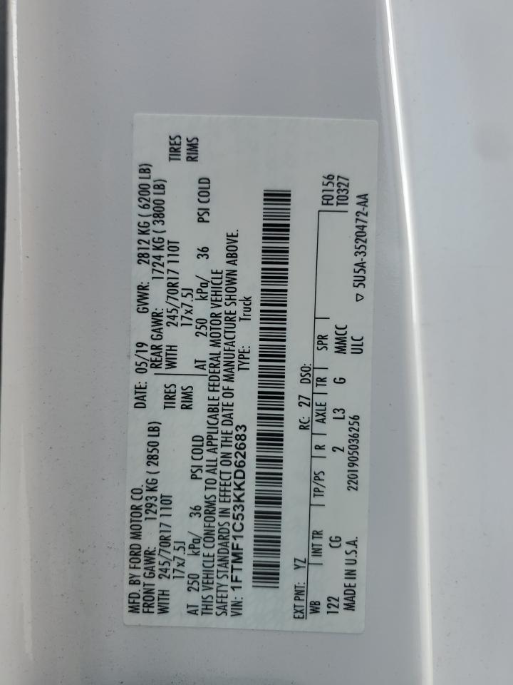 2019 Ford F150 VIN: 1FTMF1C53KKD62683 Lot: 82330725