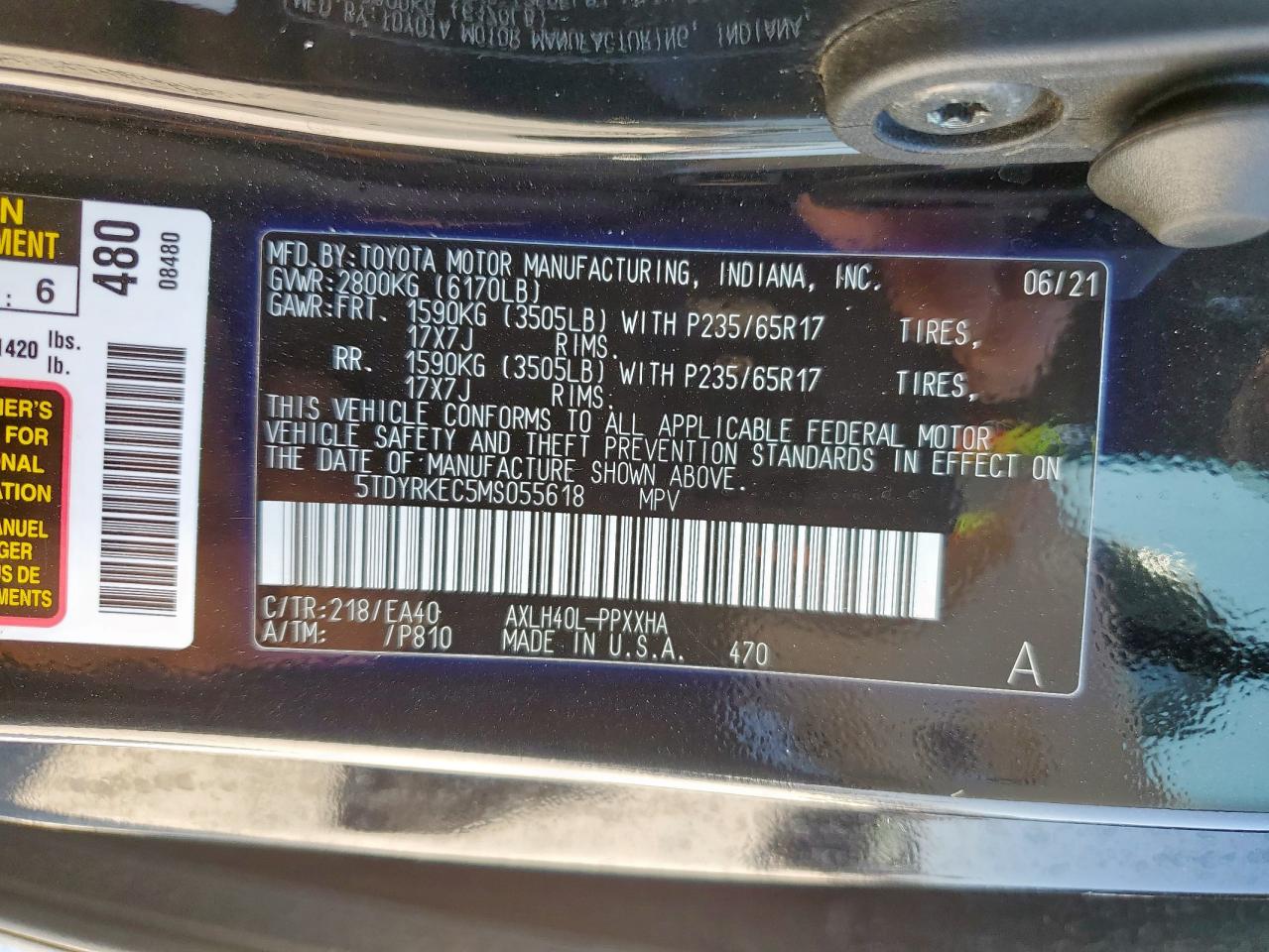 2021 Toyota Sienna Xle VIN: 5TDYRKEC5MS055618 Lot: 86638555