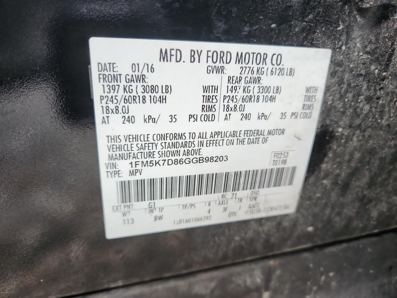 2016 Ford Explorer Xlt VIN: 1FM5K7D86GGB98203 Lot: 85418965