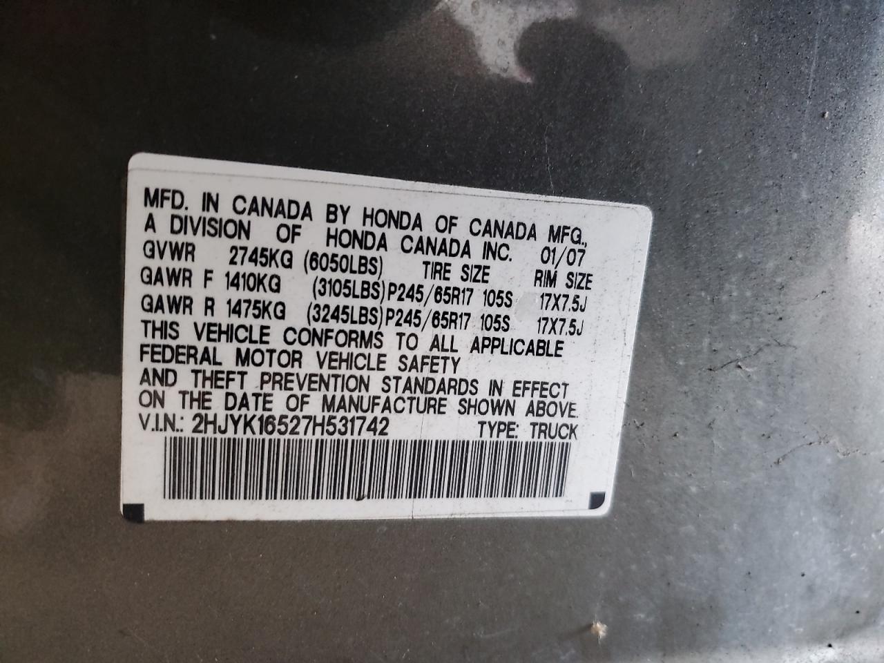 2007 Honda Ridgeline Rtl VIN: 2HJYK16527H531742 Lot: 86461995