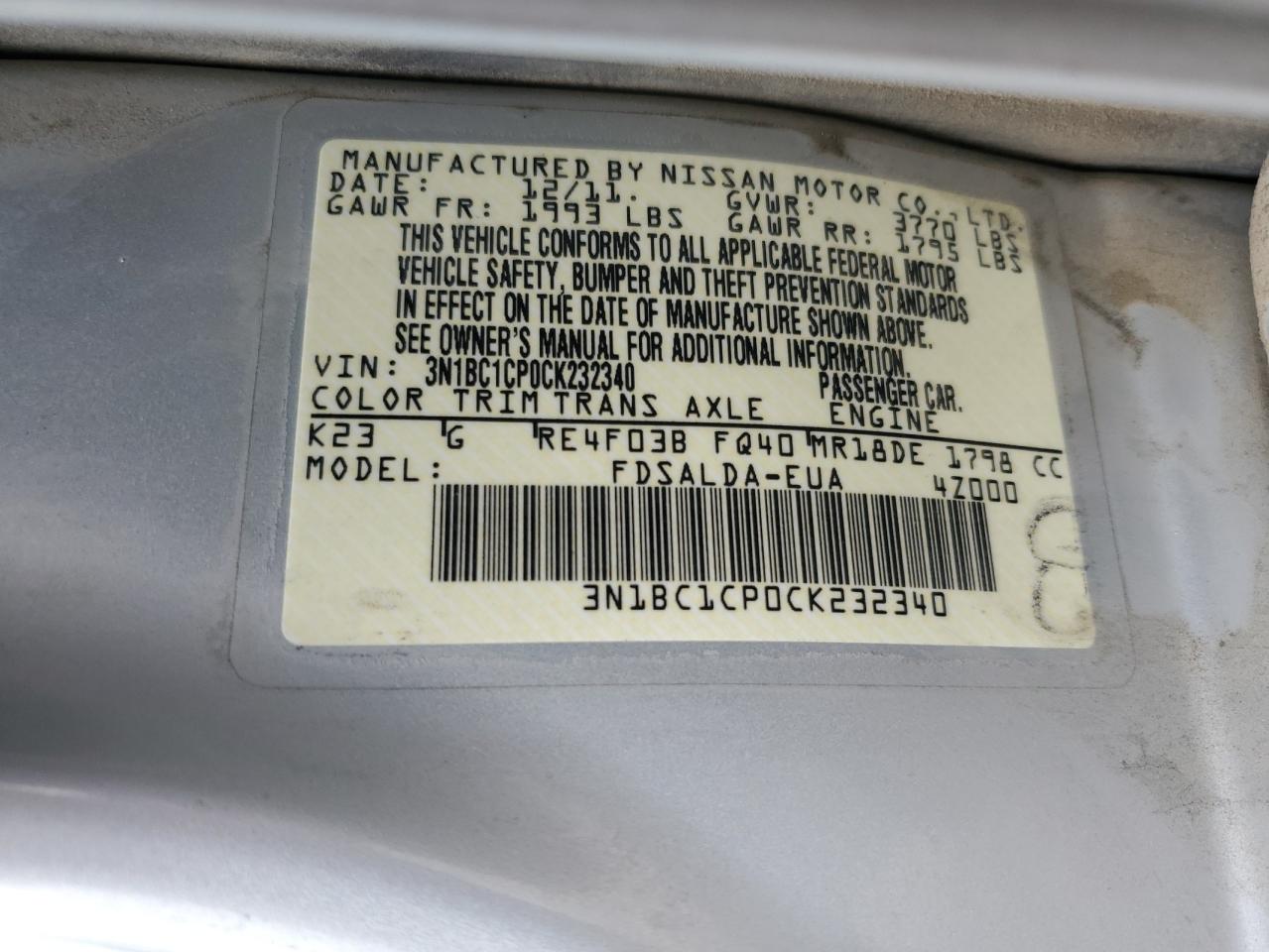 2012 Nissan Versa S VIN: 3N1BC1CP0CK232340 Lot: 82419045