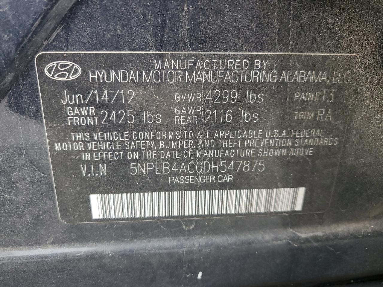 2013 Hyundai Sonata Gls VIN: 5NPEB4AC0DH547875 Lot: 94367165