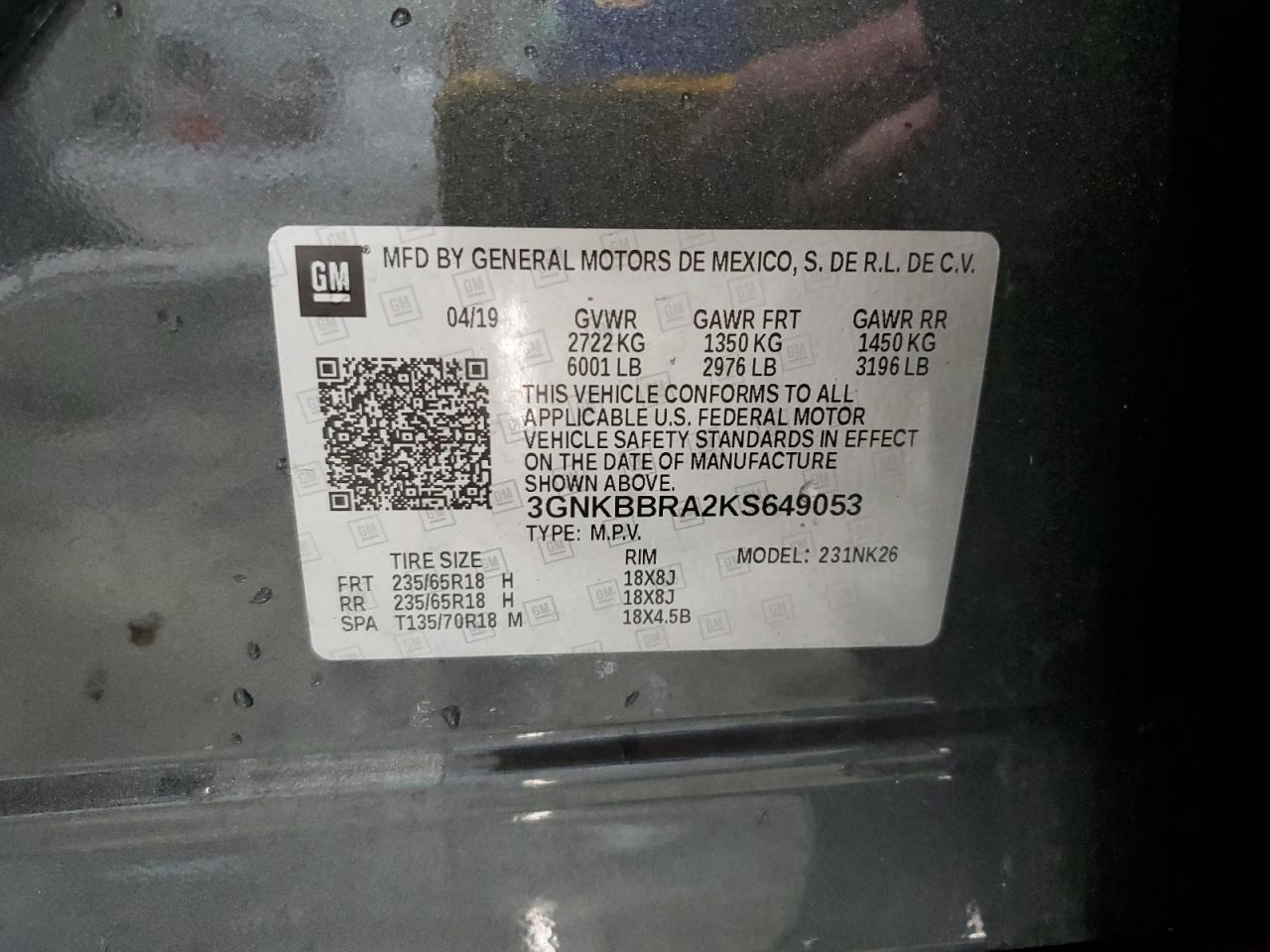 2019 Chevrolet Blazer 1Lt VIN: 3GNKBBRA2KS649053 Lot: 84802635