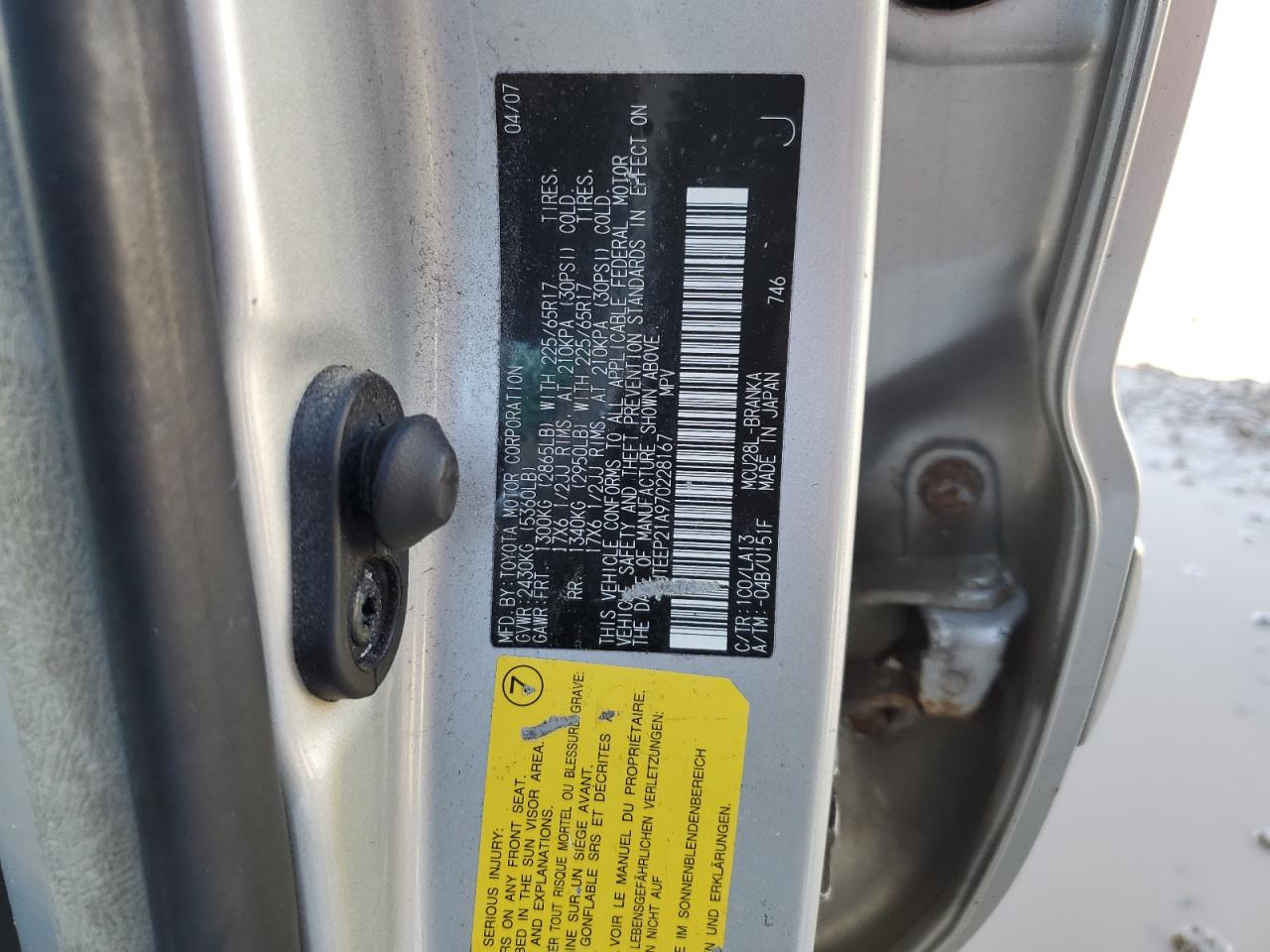 2007 Toyota Highlander Sport VIN: JTEEP21A970228167 Lot: 82424845