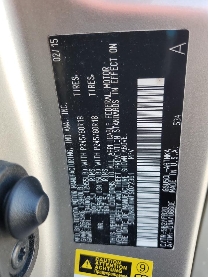 2015 Toyota Highlander Le VIN: 5TDZKRFH4FS072361 Lot: 82431065