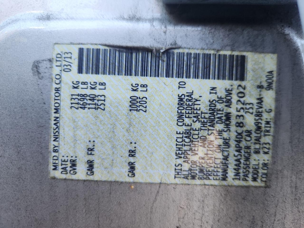 2013 Nissan Maxima S VIN: 1N4AA5AP4DC835202 Lot: 91096205