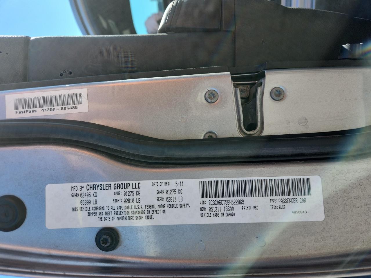 2011 Chrysler 300C VIN: 2C3CA6CT5BH522869 Lot: 89889825