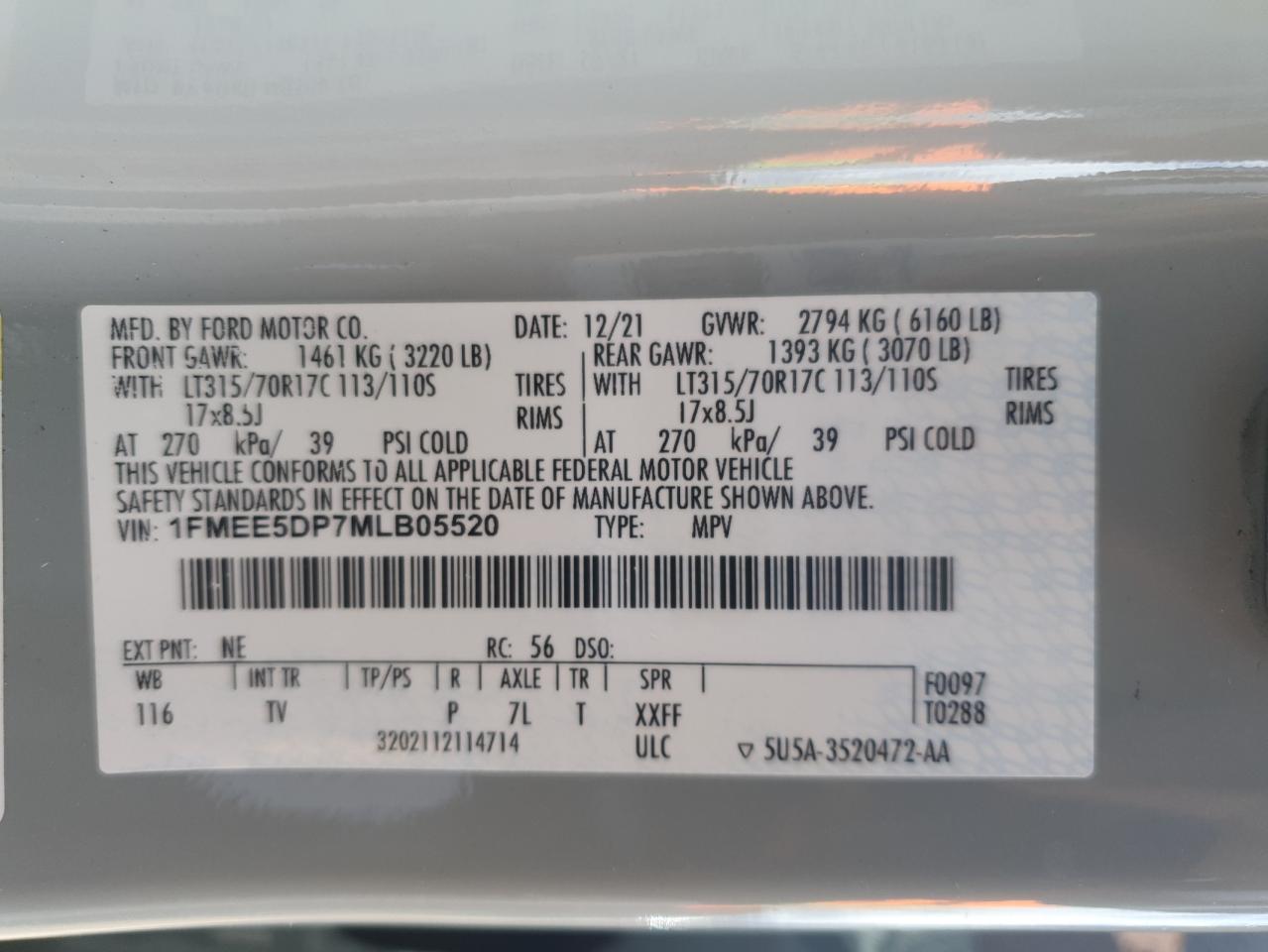 2021 Ford Bronco Base VIN: 1FMEE5DP7MLB05520 Lot: 86321115