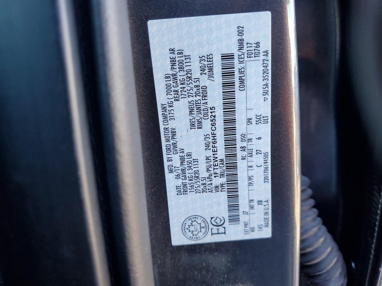 2017 Ford F150 Supercrew VIN: 1FTEW1EF6HFC65215 Lot: 85072265