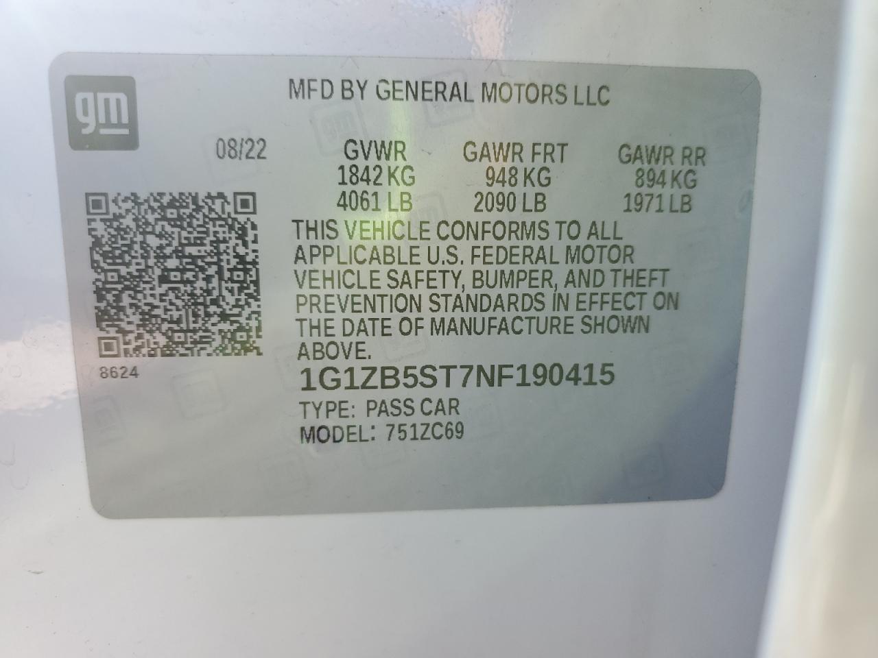 2022 Chevrolet Malibu Ls VIN: 1G1ZB5ST7NF190415 Lot: 82306645