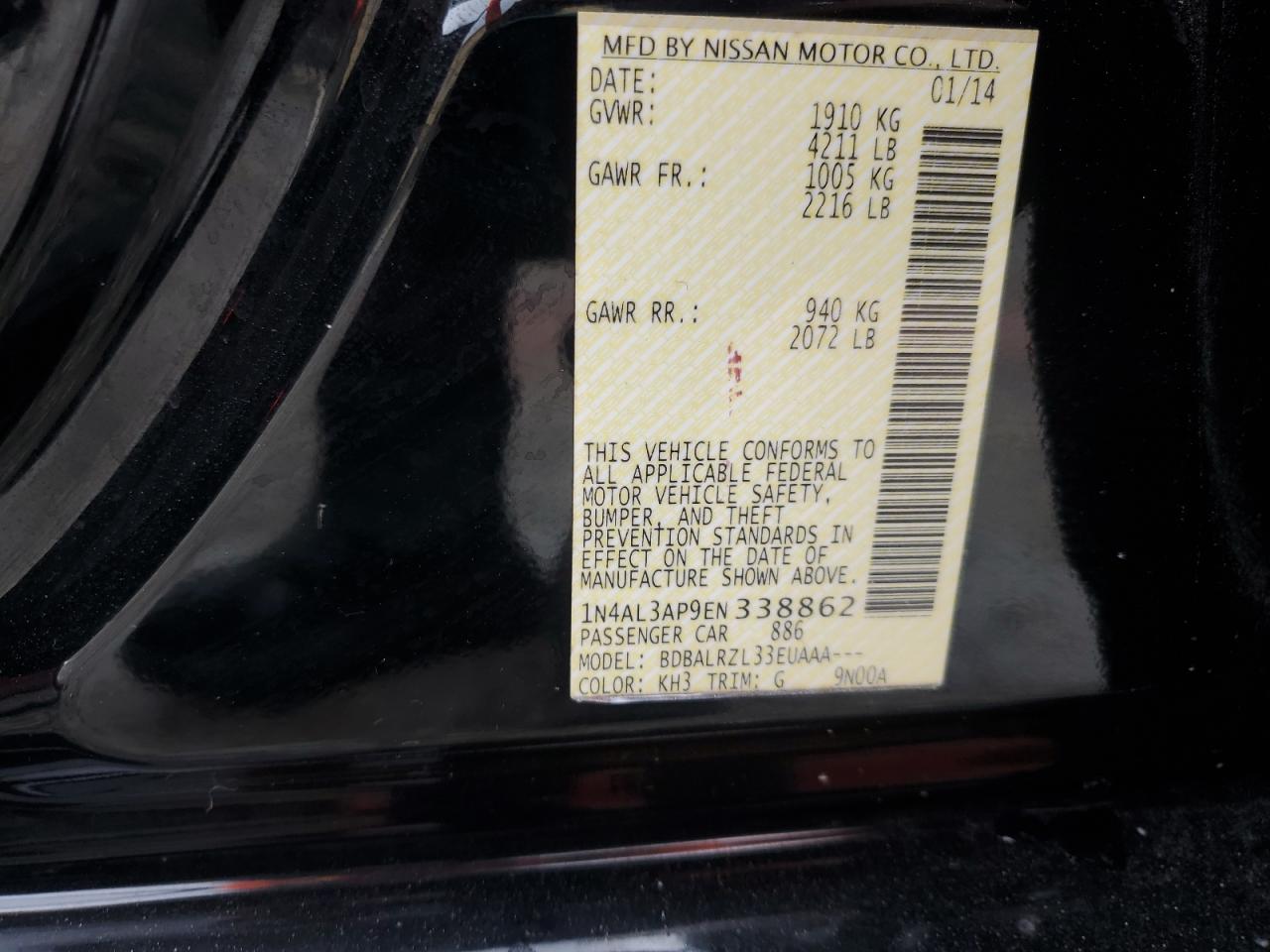 2014 Nissan Altima 2.5 VIN: 1N4AL3AP9EN338862 Lot: 85672555