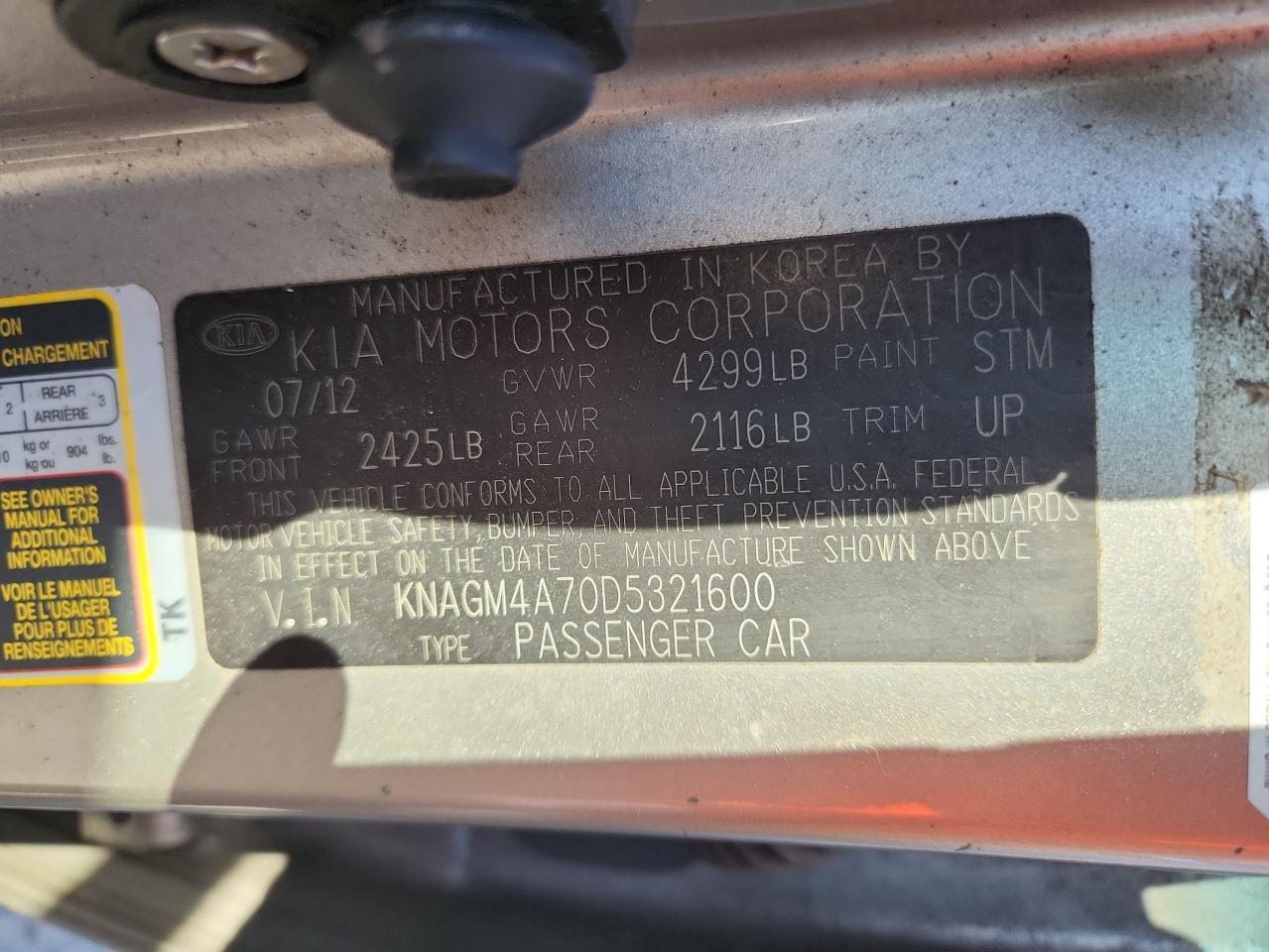 2013 Kia Optima Lx VIN: KNAGM4A70D5321600 Lot: 84808175