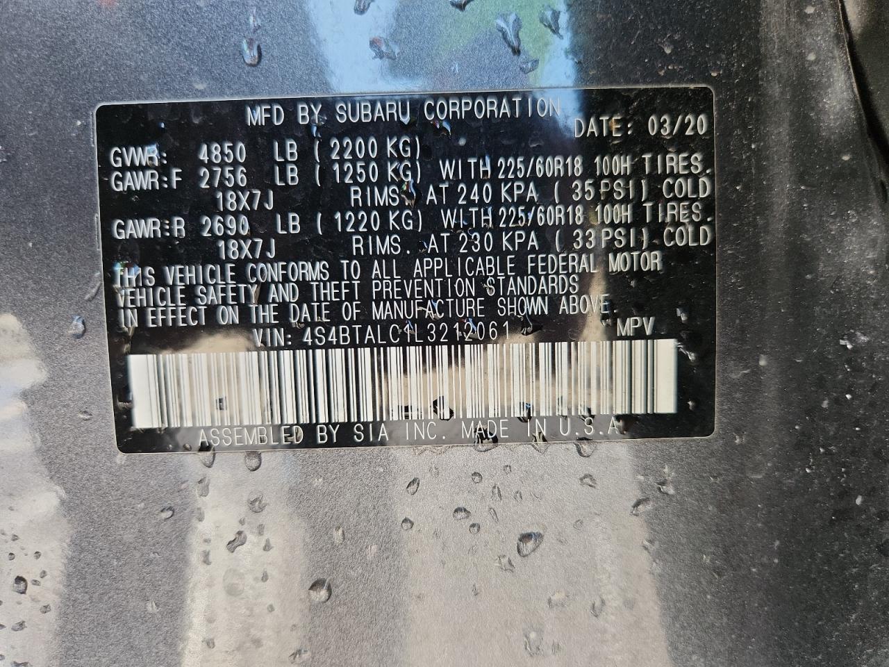 2020 Subaru Outback Limited VIN: 4S4BTALC1L3212061 Lot: 84758035