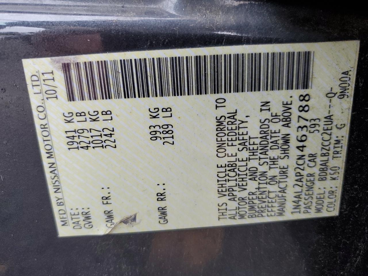 2012 Nissan Altima Base VIN: 1N4AL2AP2CN463788 Lot: 86079595