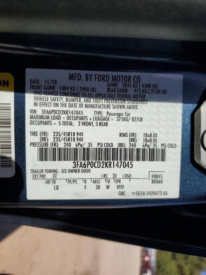 2019 Ford Fusion Sel VIN: 3FA6P0CD2KR147045 Lot: 85163465