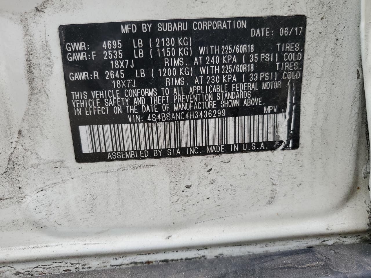 2017 Subaru Outback 2.5I Limited VIN: 4S4BSANC4H3436299 Lot: 86091185