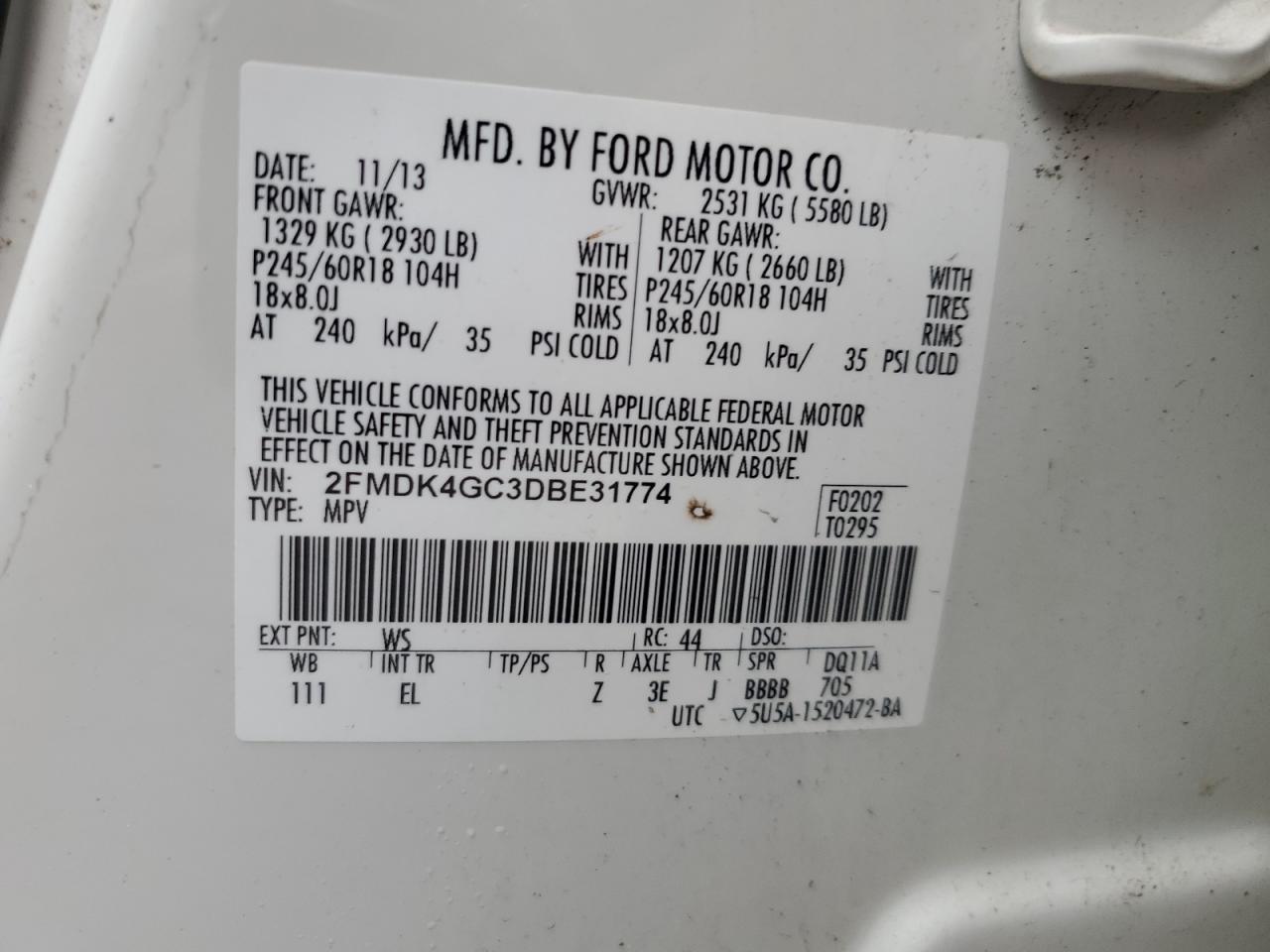 2013 Ford Edge Se VIN: 2FMDK4GC3DBE31774 Lot: 85294715