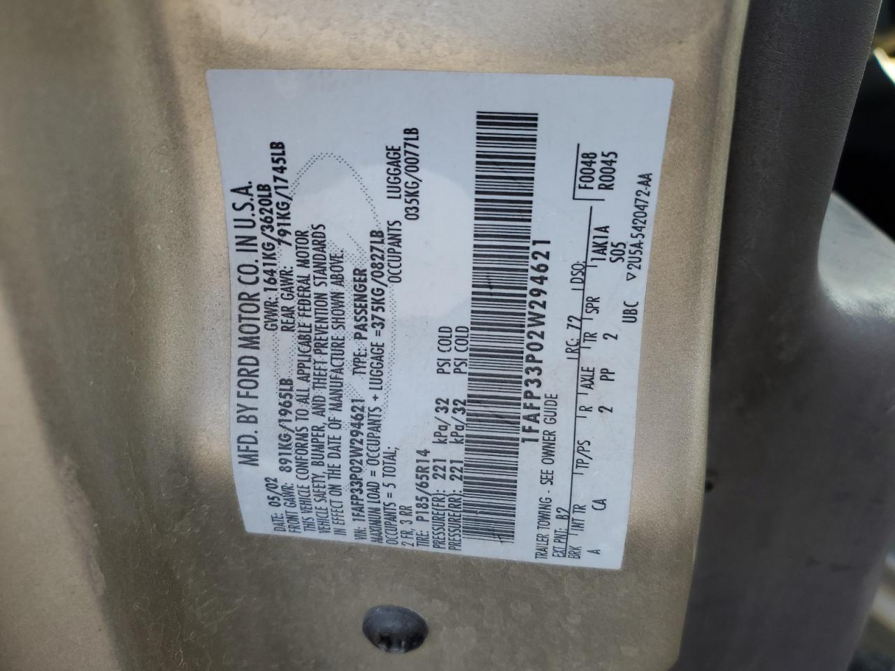 2002 Ford Focus Lx VIN: 1FAFP33P02W294621 Lot: 89562755