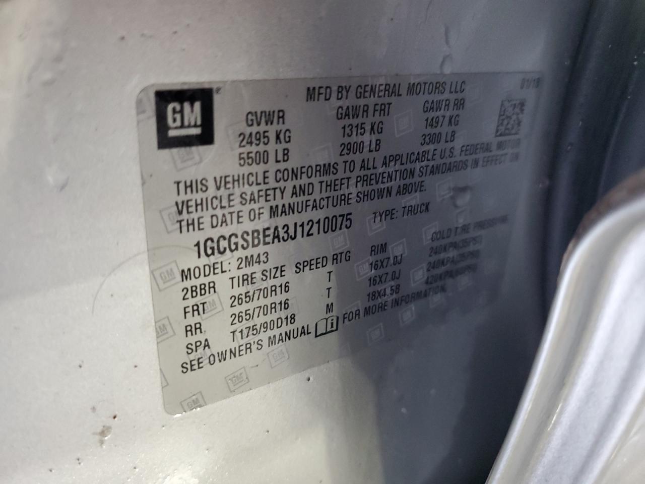 2018 Chevrolet Colorado VIN: 1GCGSBEA3J1210075 Lot: 82768345