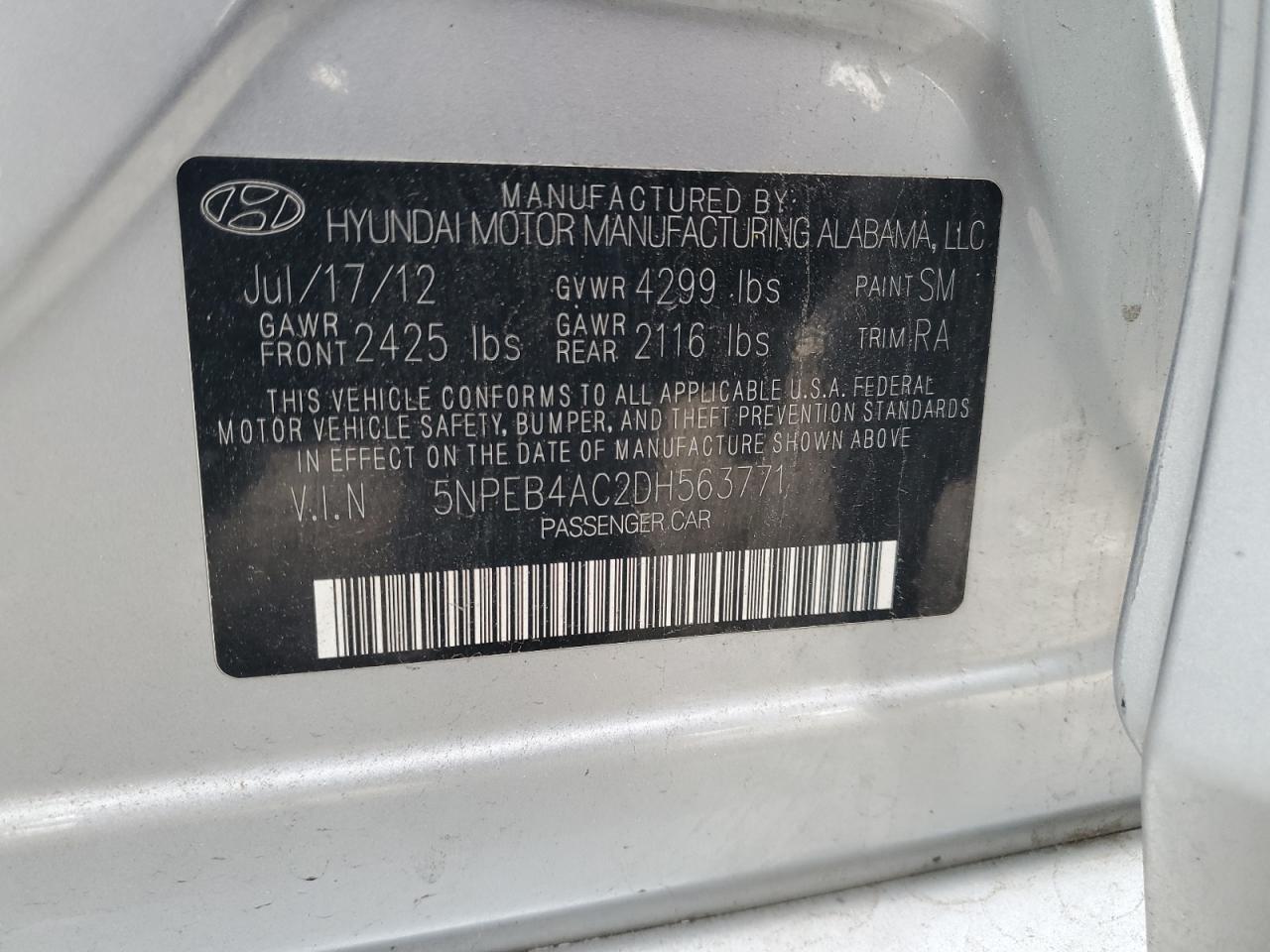 2013 Hyundai Sonata Gls VIN: 5NPEB4AC2DH563771 Lot: 82425195