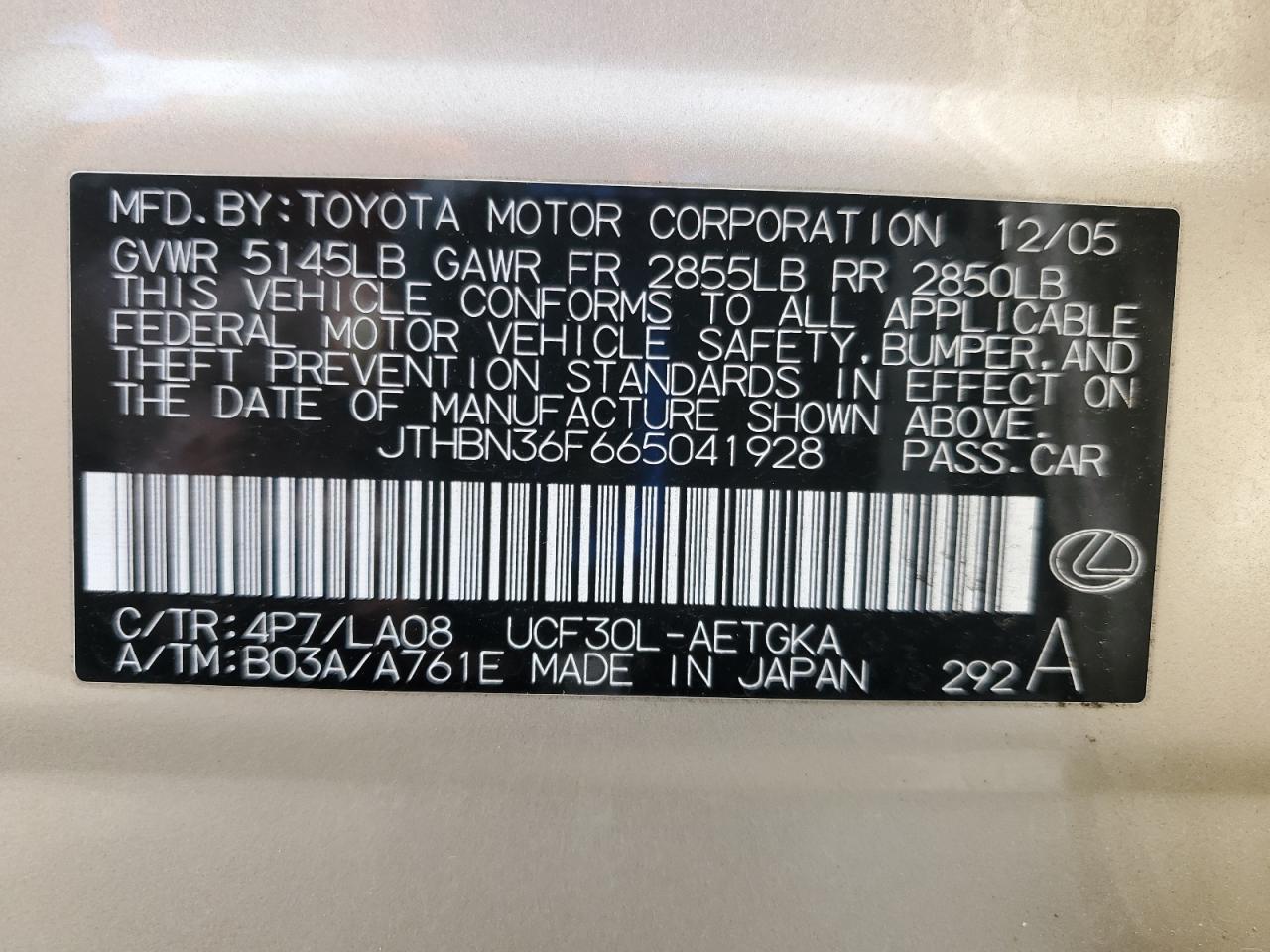 2006 Lexus Ls 430 VIN: JTHBN36F665041928 Lot: 84653815