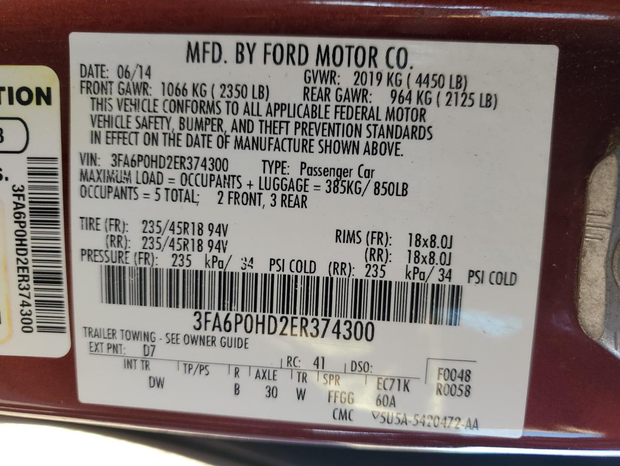 2014 Ford Fusion Se VIN: 3FA6P0HD2ER374300 Lot: 85868655