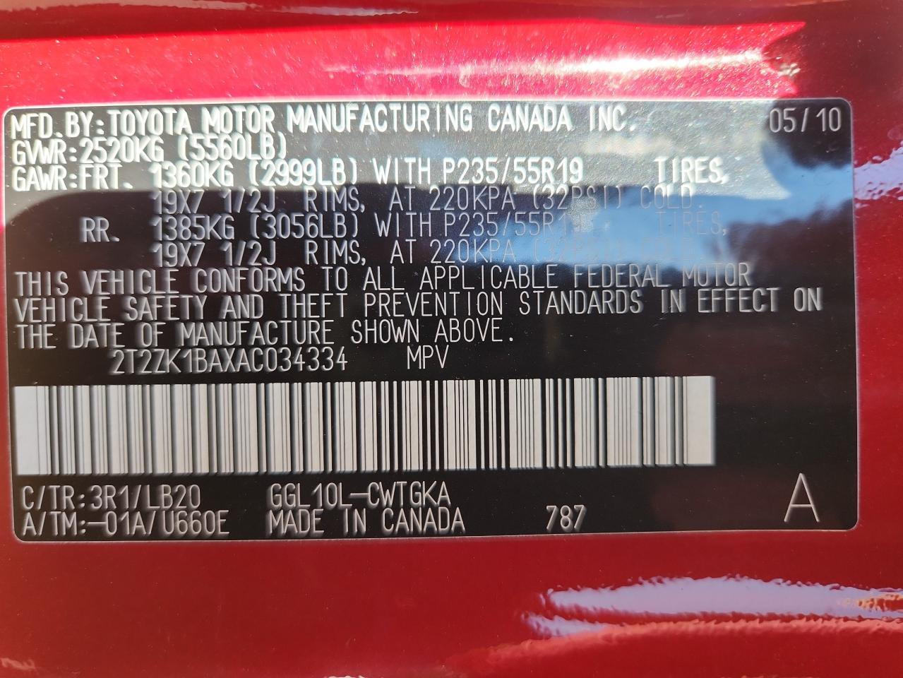 2010 Lexus Rx 350 VIN: 2T2ZK1BAXAC034334 Lot: 87275065