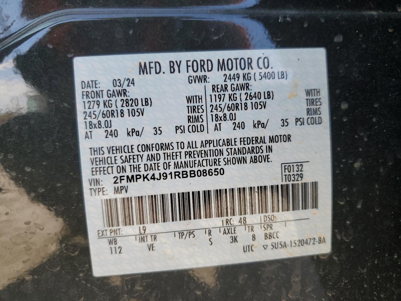 2024 Ford Edge Sel VIN: 2FMPK4J91RBB08650 Lot: 90796005