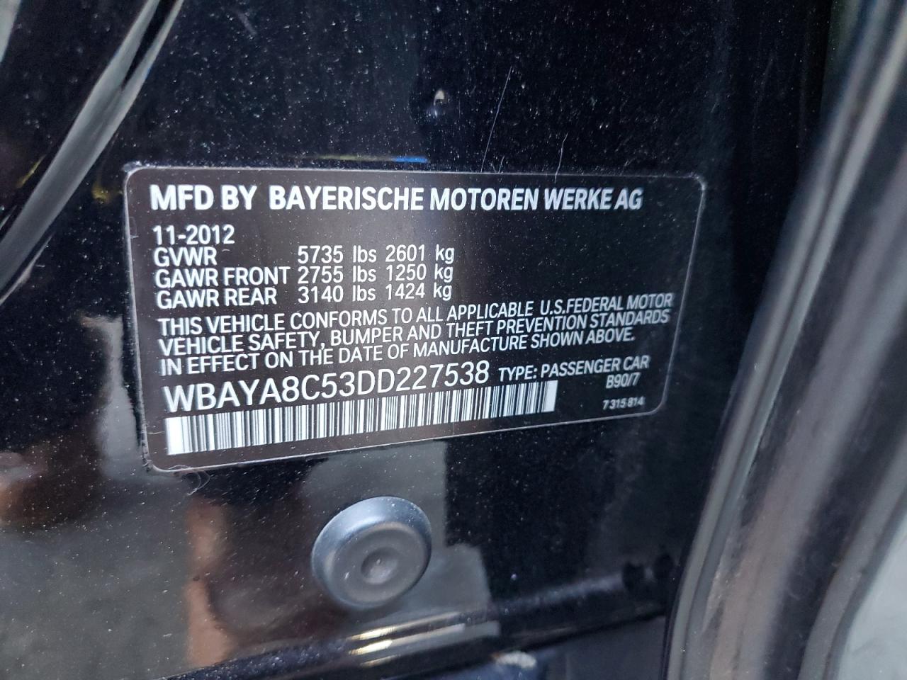 2013 BMW 750 I VIN: WBAYA8C53DD227538 Lot: 81894315