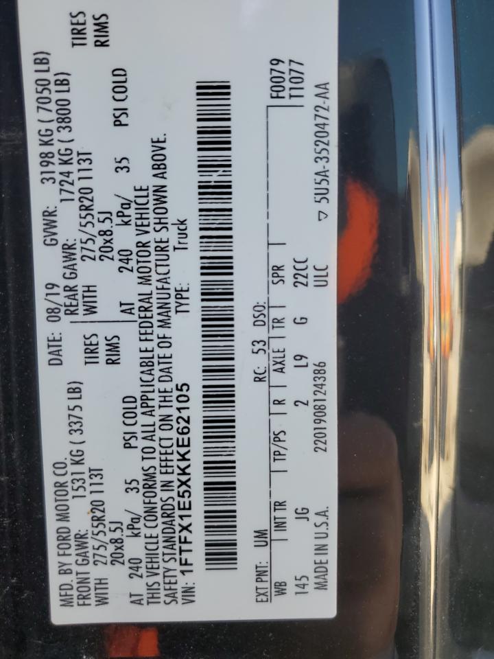 2019 Ford F150 Super Cab VIN: 1FTFX1E5XKKE62105 Lot: 89472425