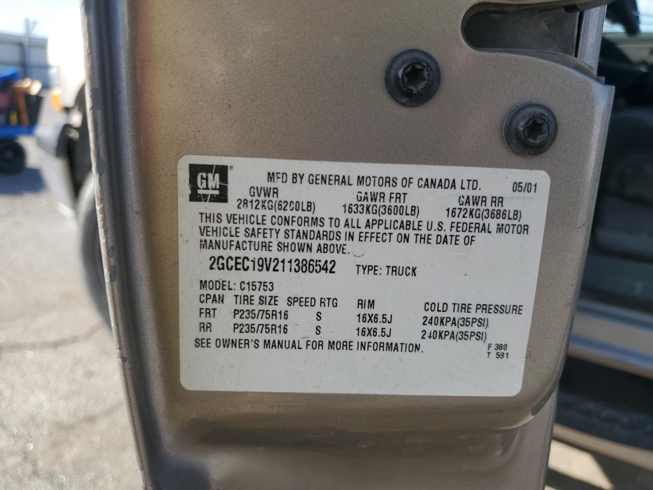 2001 Chevrolet Silverado C1500 VIN: 2GCEC19V211386542 Lot: 82190455