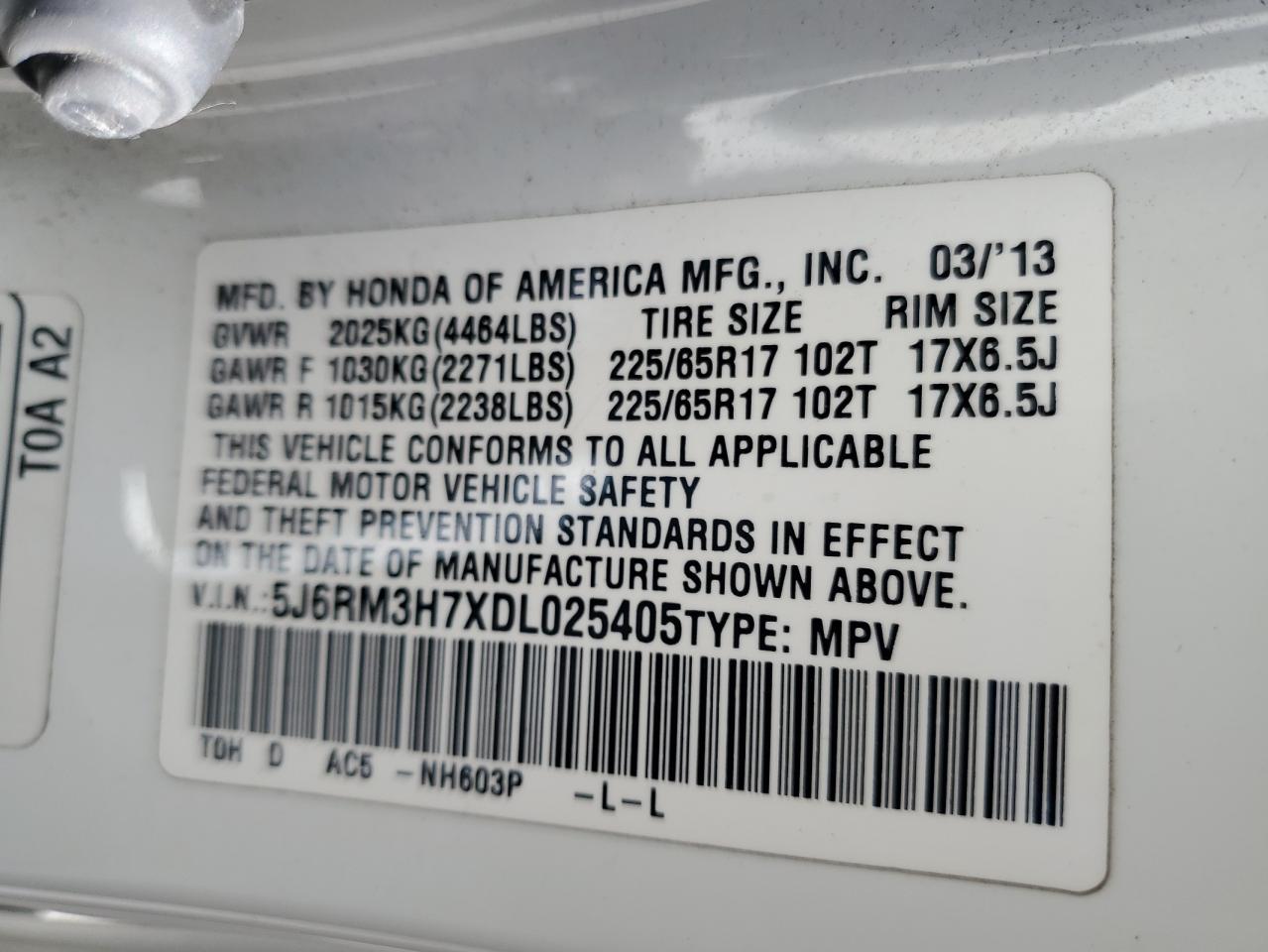 2013 Honda Cr-V Exl VIN: 5J6RM3H7XDL025405 Lot: 82559825