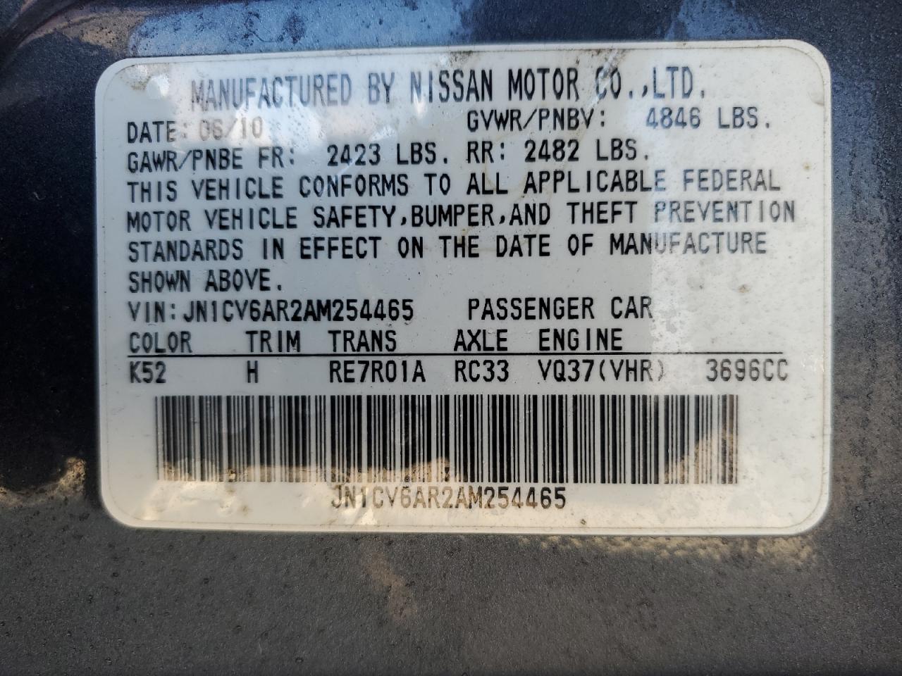 2010 Infiniti G37 VIN: JN1CV6AR2AM254465 Lot: 85342155