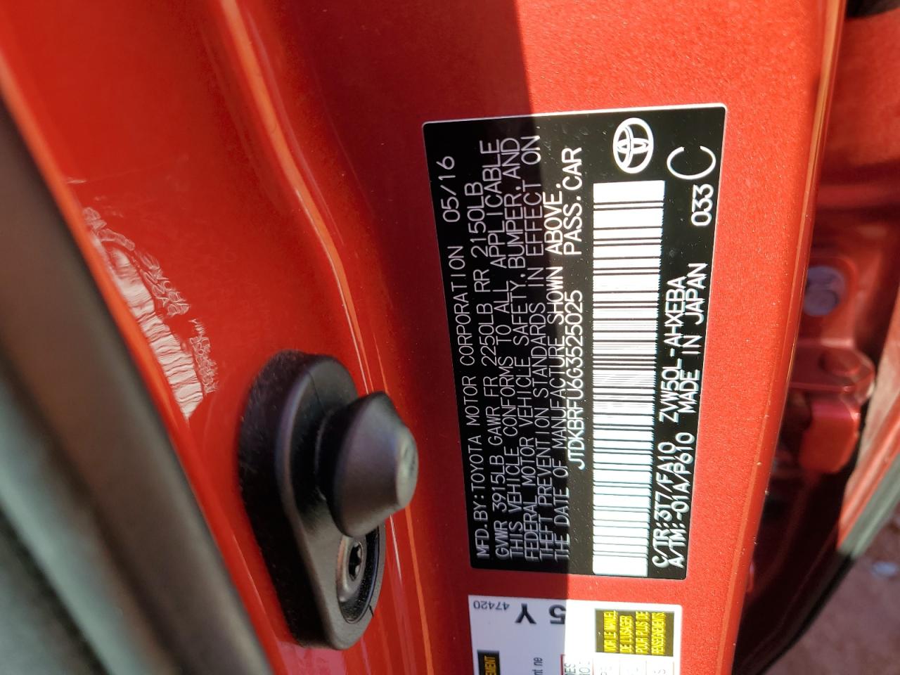 2016 Toyota Prius VIN: JTDKBRFU6G3525025 Lot: 82620175