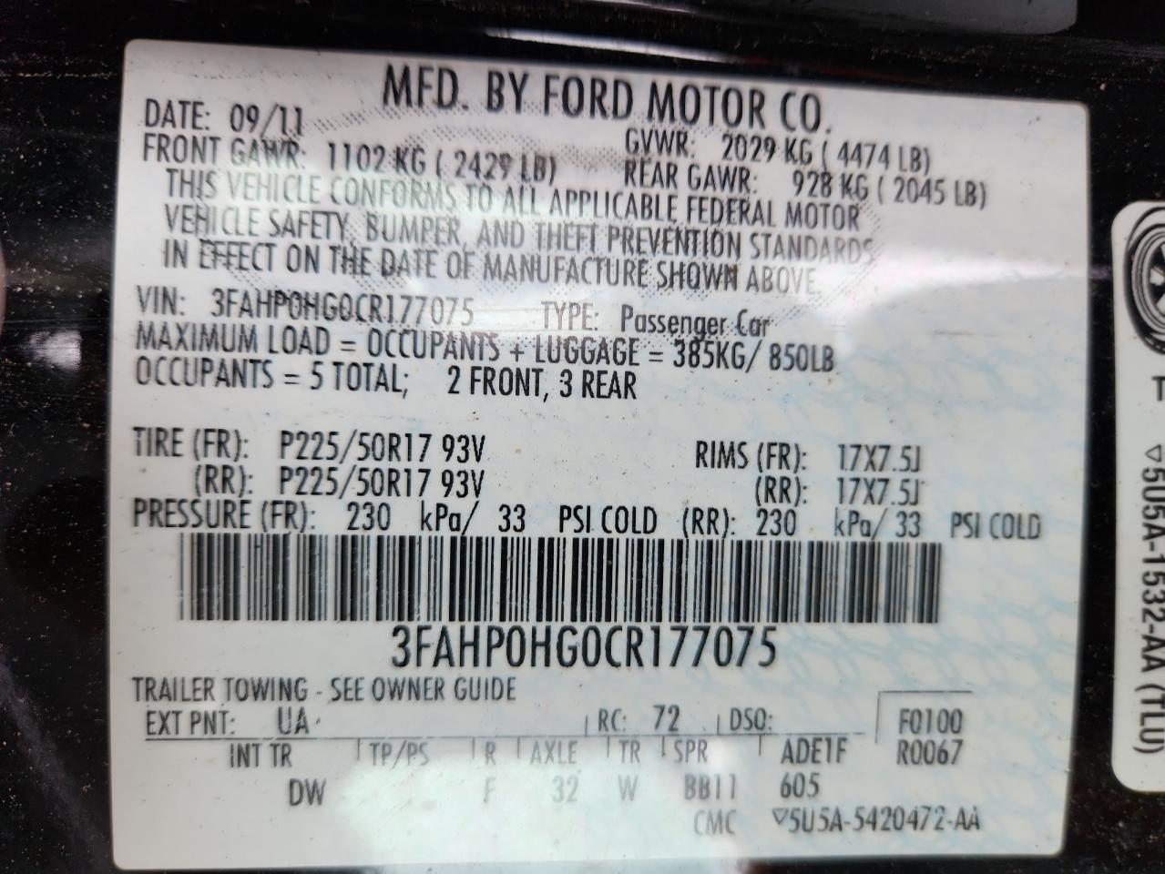 2012 Ford Fusion Se VIN: 3FAHP0HG0CR177075 Lot: 86283315