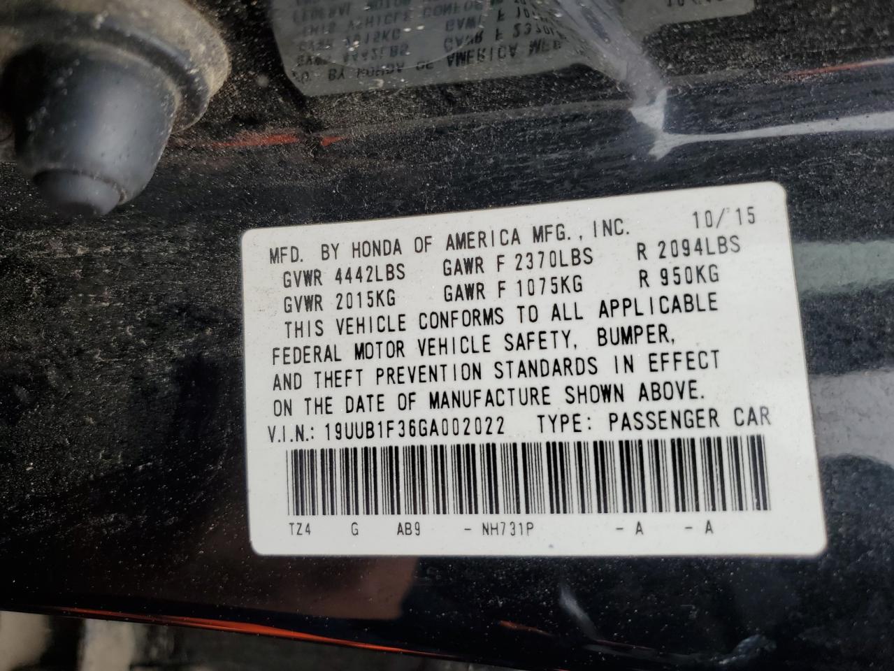 2016 Acura Tlx VIN: 19UUB1F36GA002022 Lot: 90484195