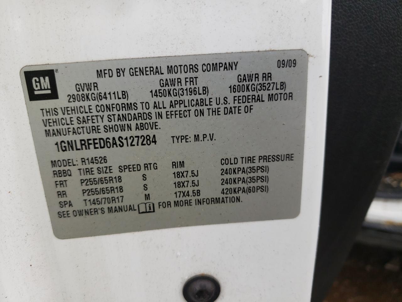 2010 Chevrolet Traverse Lt VIN: 1GNLRFED6AS127284 Lot: 85587535