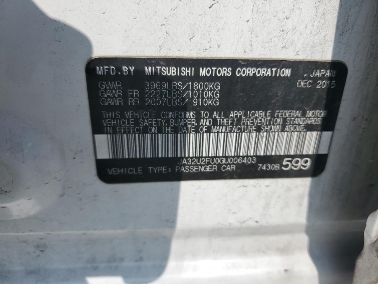 2016 Mitsubishi Lancer Es VIN: JA32U2FU0GU006403 Lot: 89557915