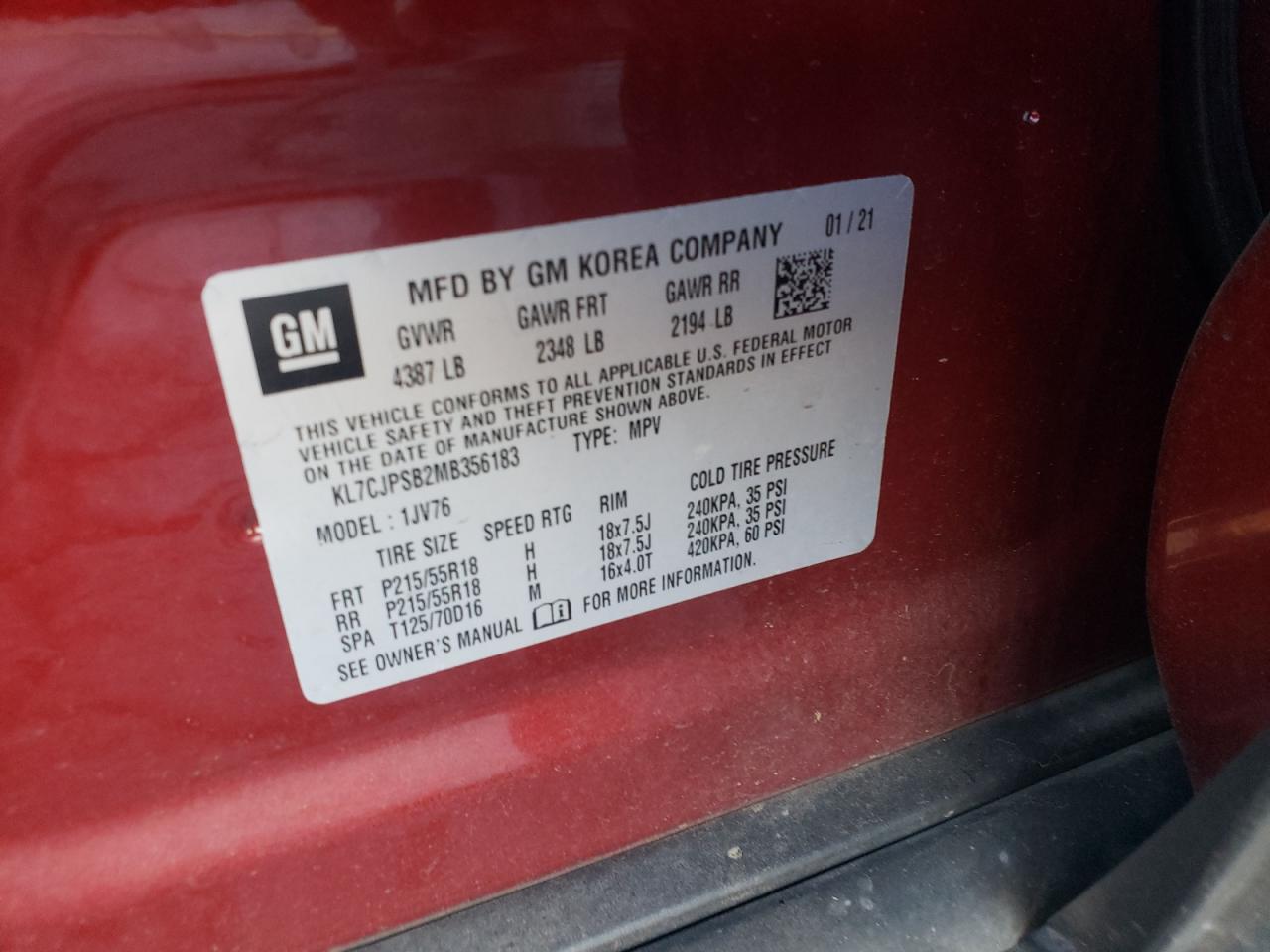 2021 Chevrolet Trax 1Lt VIN: KL7CJPSB2MB356183 Lot: 85720145