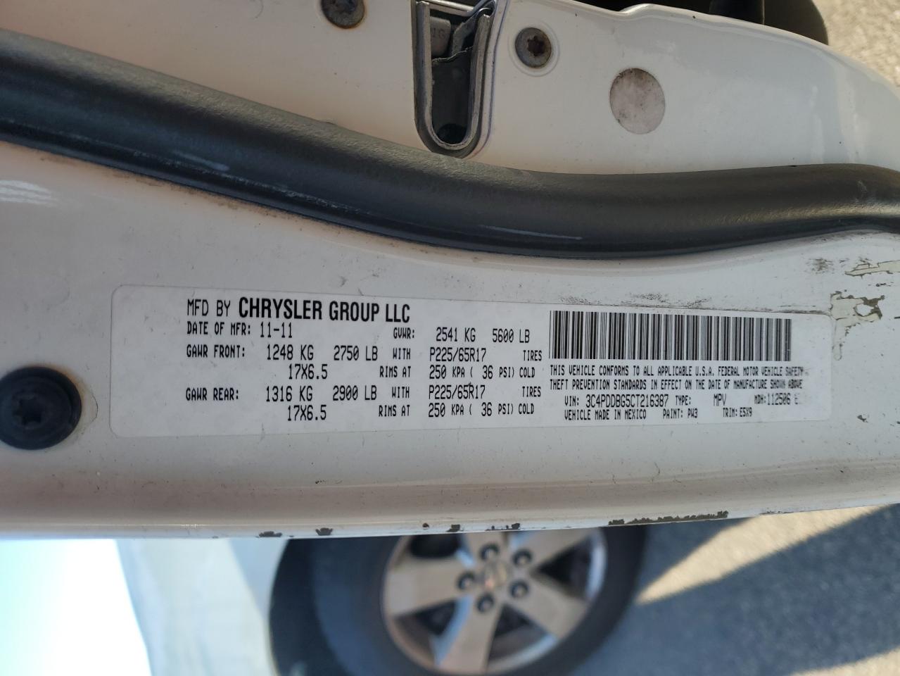 2012 Dodge Journey Sxt VIN: 3C4PDDBG5CT216387 Lot: 87092715